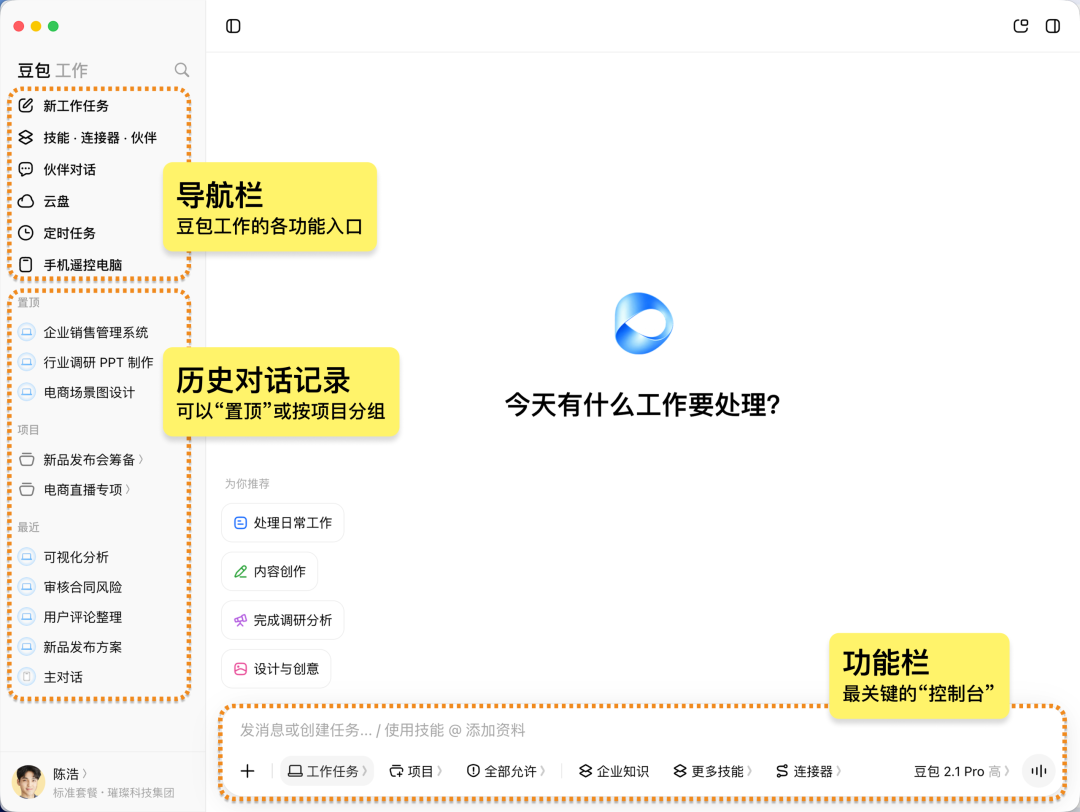 豆包工作主界面,标注了导航栏、历史对话记录和底部功能栏